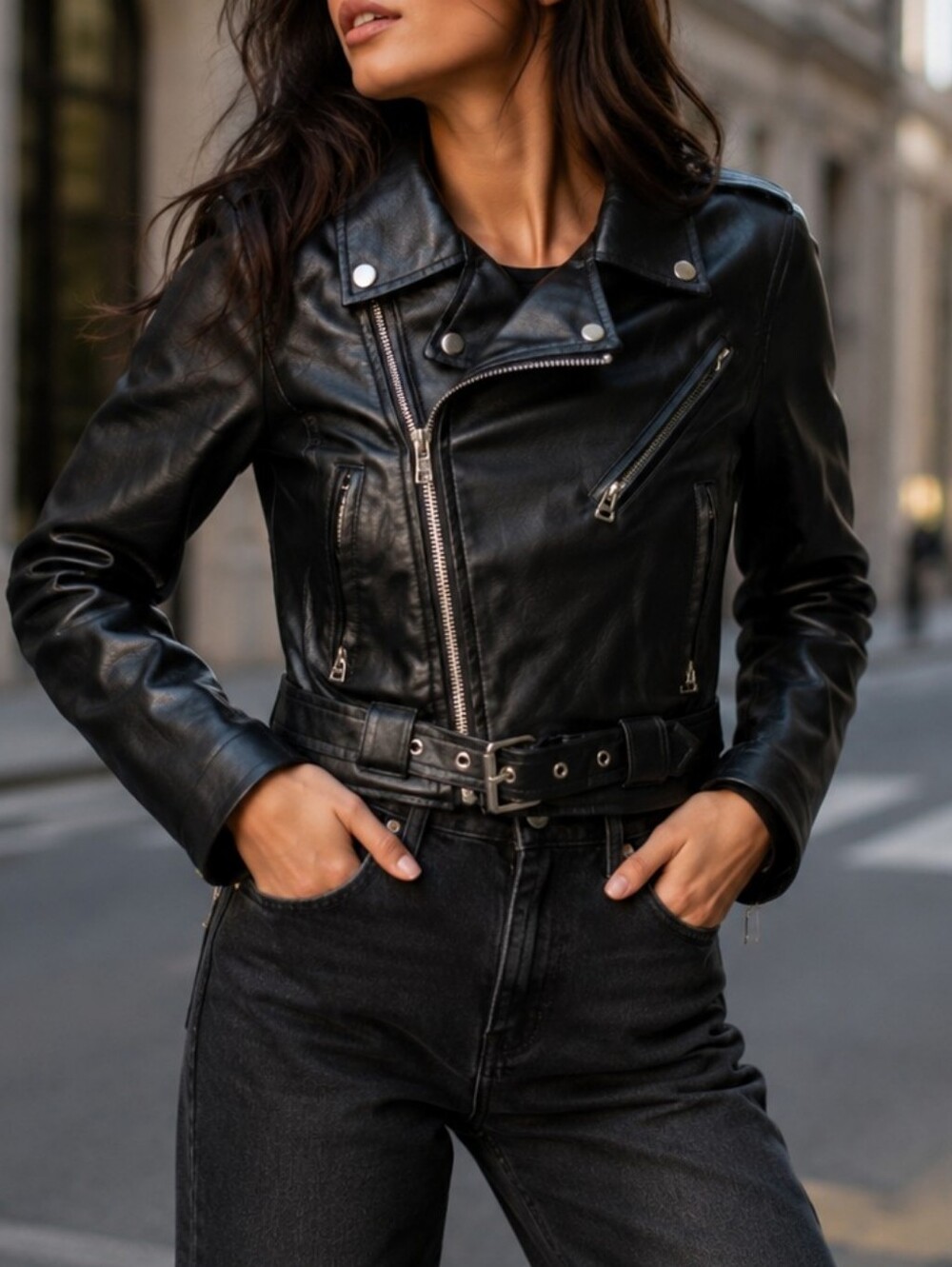 Lioness Black Faux Leather Moto Jacket XS Cropped Belted Indie Sleaze Biker Chic
